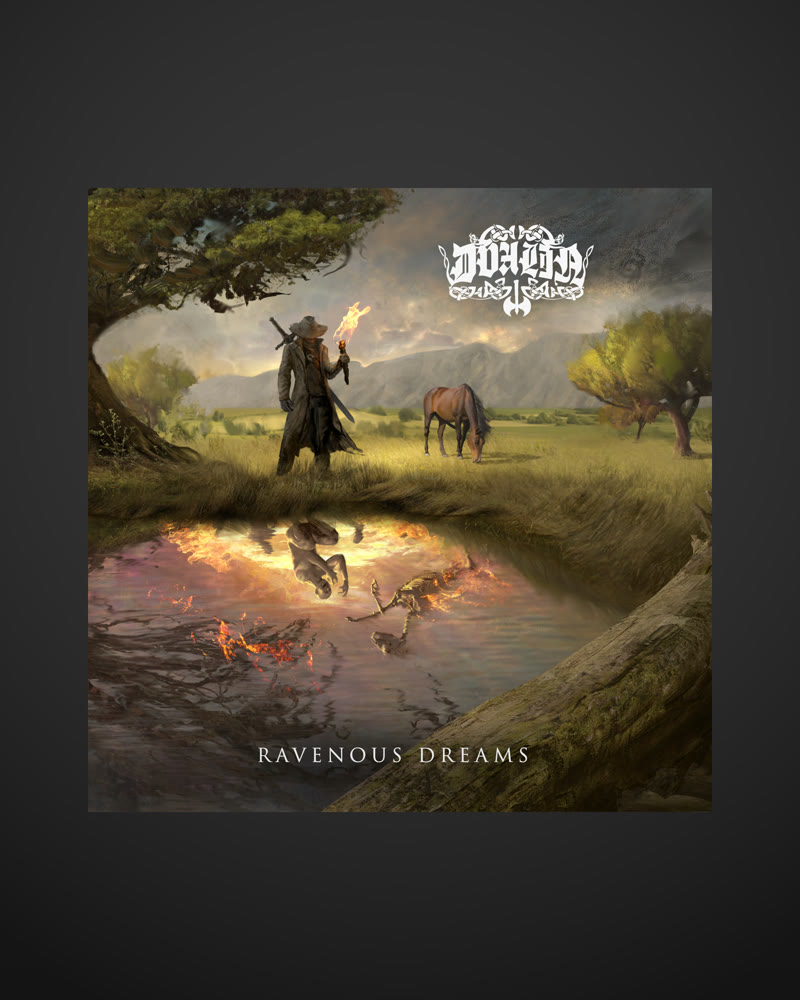 Cover der EP „Ravenous Dreams“: eine Gestalt mit Fackel auf einer Wiese, im Wasser davor spiegelt sich eine brennende Szene