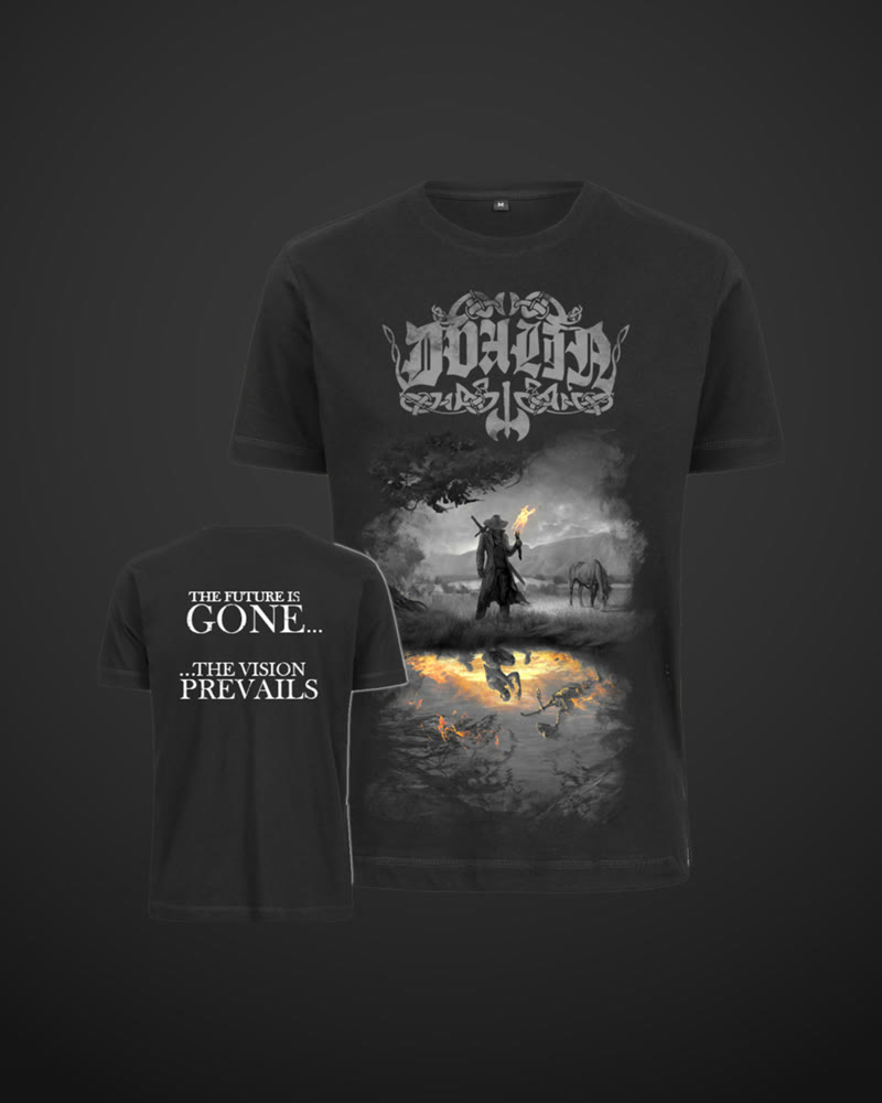 Schwarzes T-Shirt mit dem Dvalin-Logo und dem Motiv der EP „Ravenous Dreams“ auf der Vorderseite, daneben die Rückseite mit dem Schriftzug „The future is gone… the vision prevails“